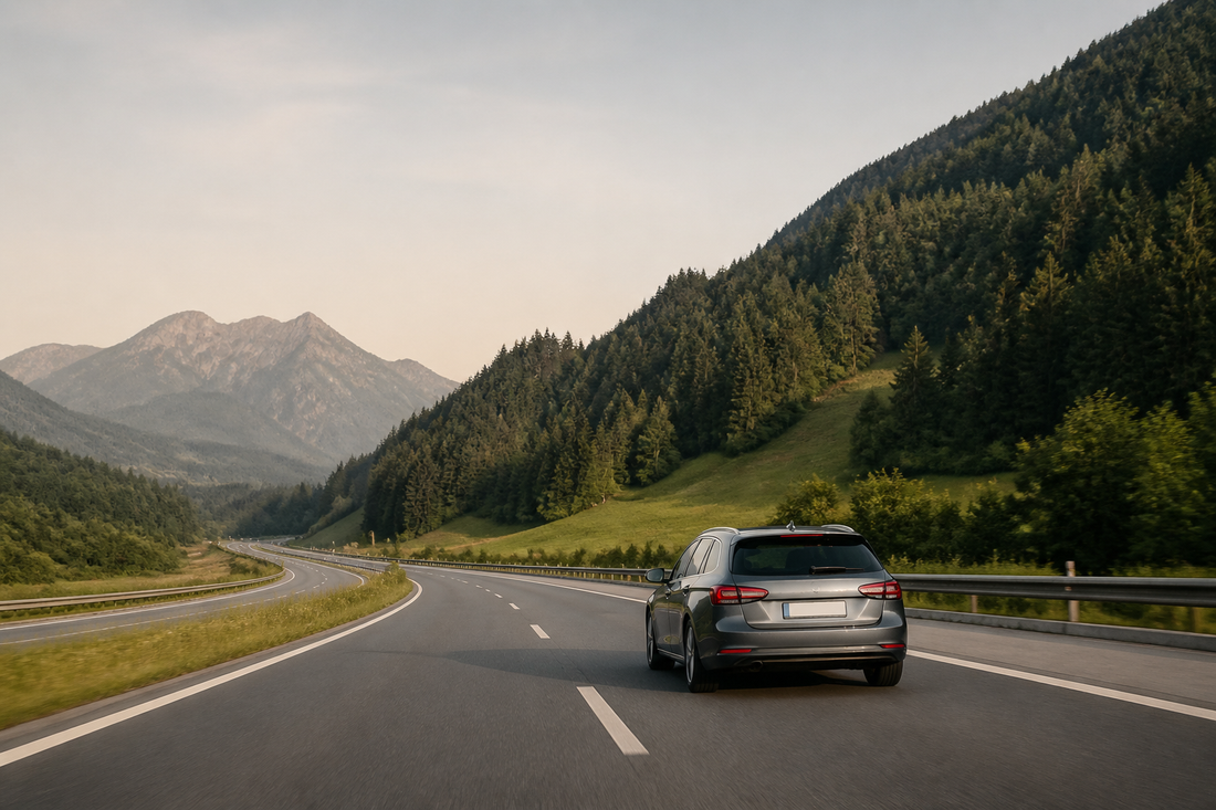 Grijze auto rijdt over een rustige Oostenrijkse snelweg tussen groene Alpenhellingen