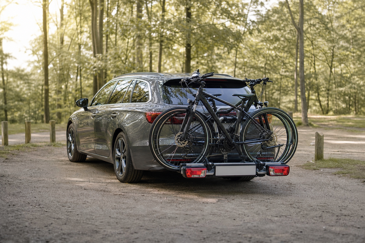 Grijze auto met twee fietsen op een trekhaakdrager en goed zichtbare achterlichten