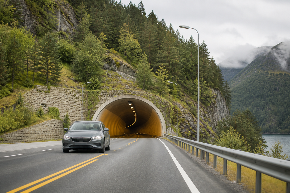 Grijze auto nadert een verlichte tunnel door een groen berglandschap