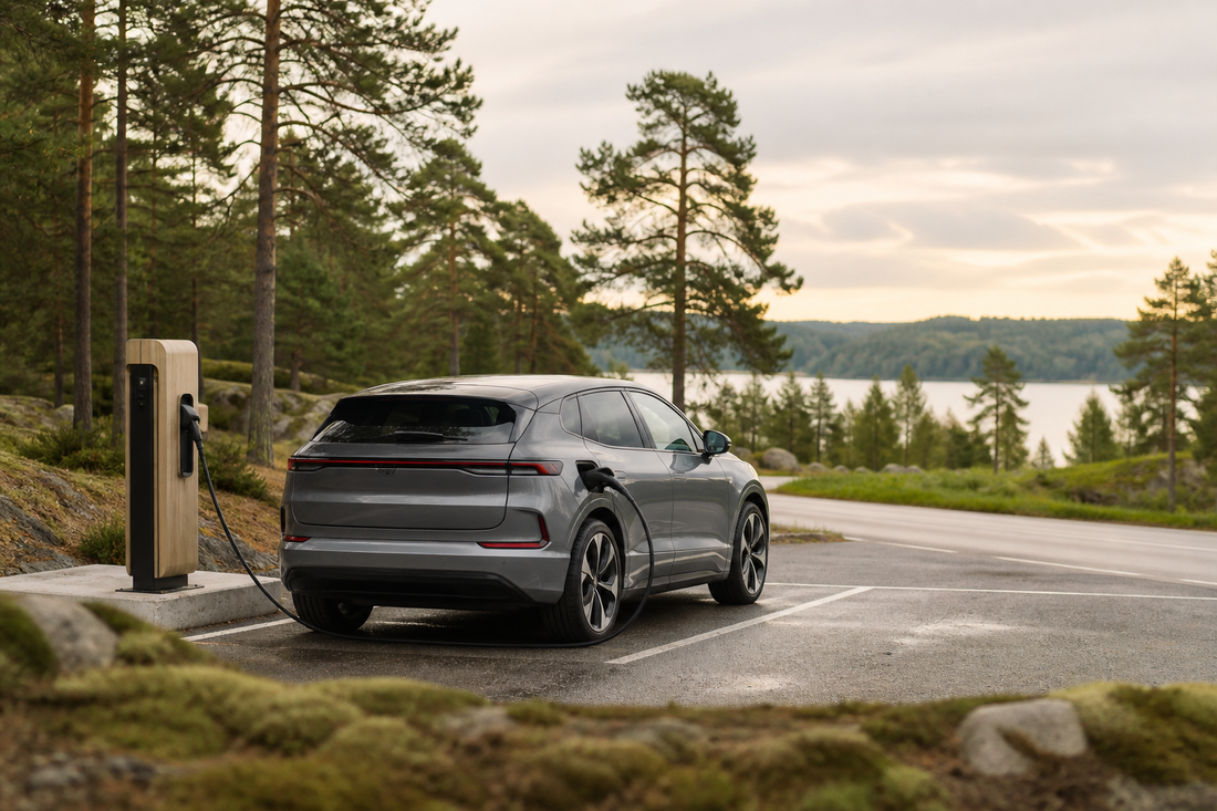 Grijze elektrische auto laadt bij een rustig laadpunt naast een Scandinavisch bos en meer