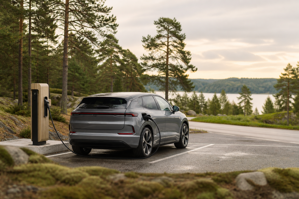 Grijze elektrische auto laadt bij een rustig laadpunt naast een Scandinavisch bos en meer