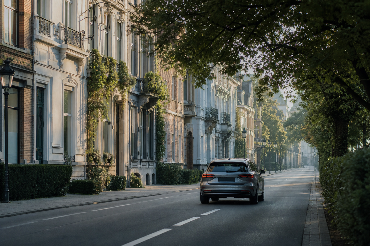 Grijze auto rijdt door een rustige groene stadsstraat met Belgische gevels