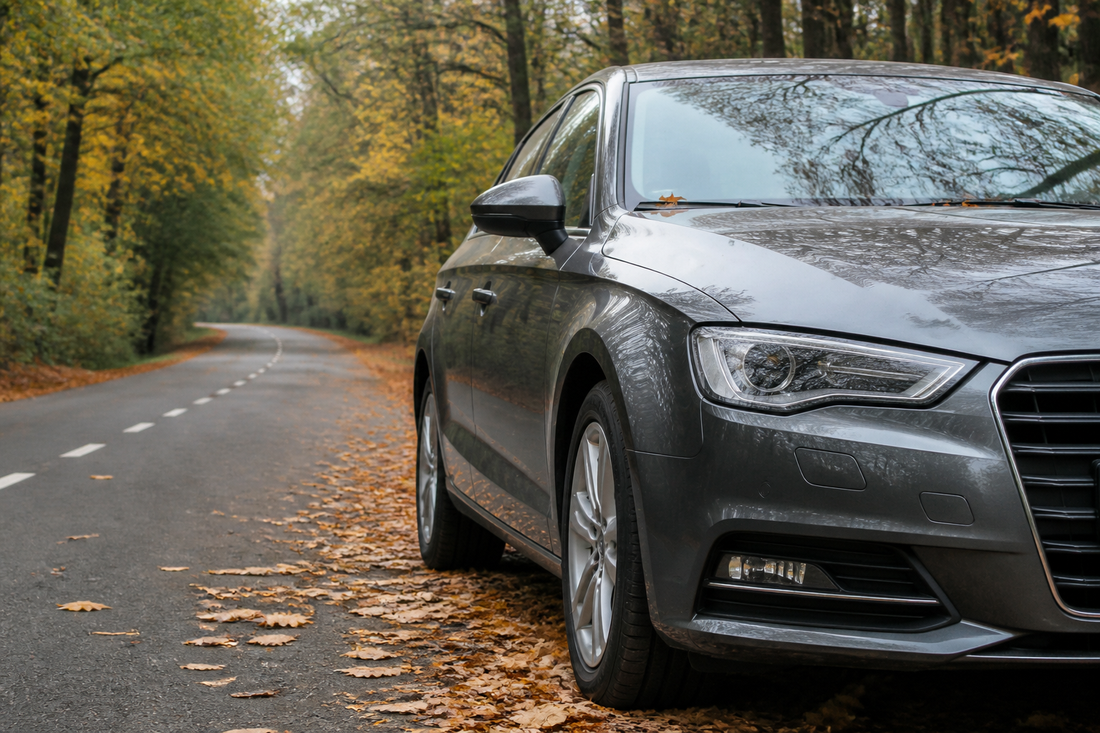 Grijze auto staat langs een rustige bosweg met enkele herfstbladeren op de voorruit