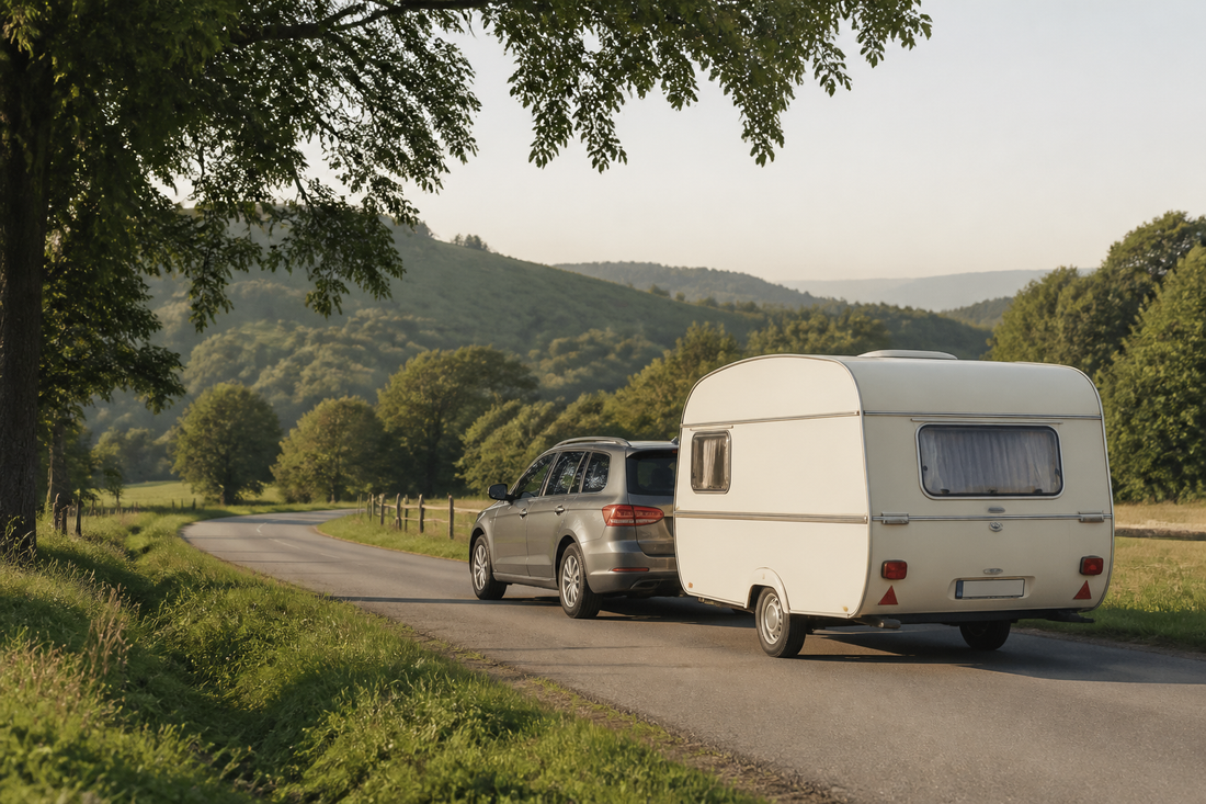 Grijze auto trekt een kleine crèmekleurige caravan over een rustige groene weg