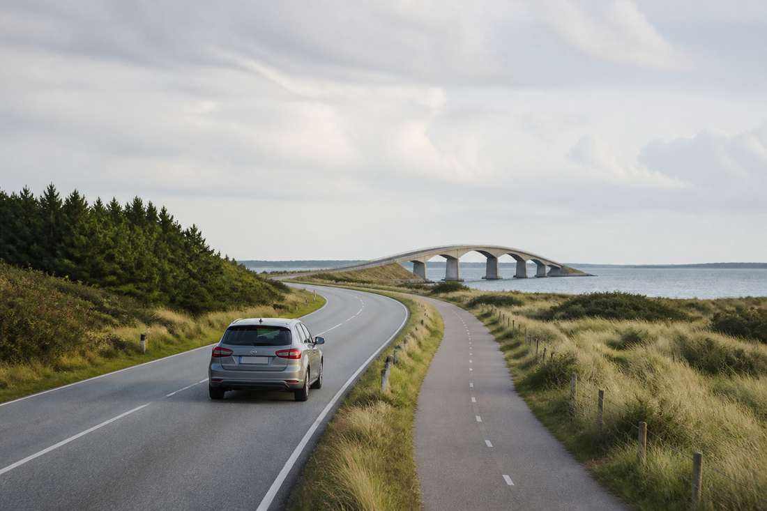 Grijze auto op een rustige Deense kustweg met een brug in de verte