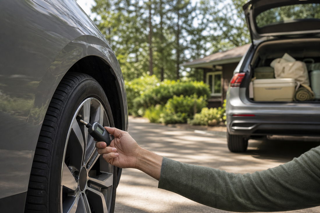 Hand controleert de bandenspanning van een grijze auto voor vertrek op vakantie