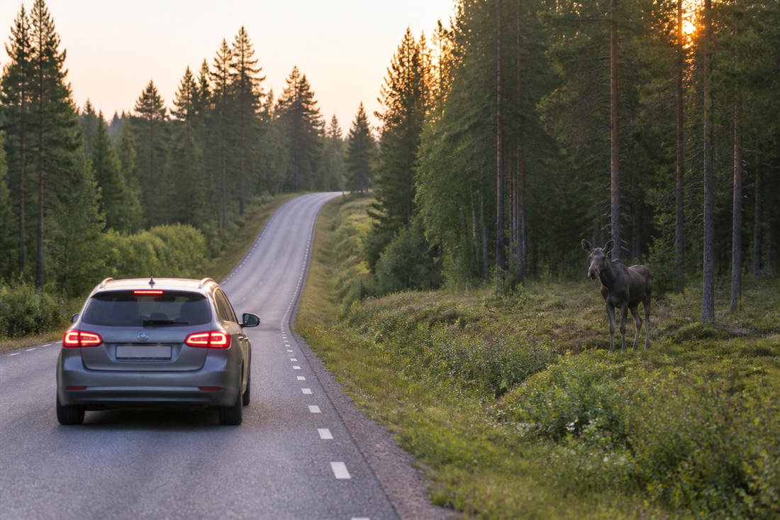 Grijze auto remt op een Zweedse bosweg voor een eland naast de weg