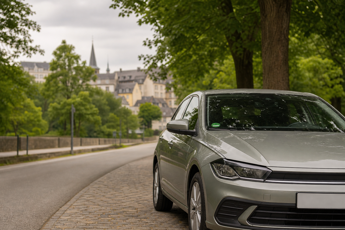 Grijze auto met groene milieusticker aan de rand van een rustige Duitse stad
