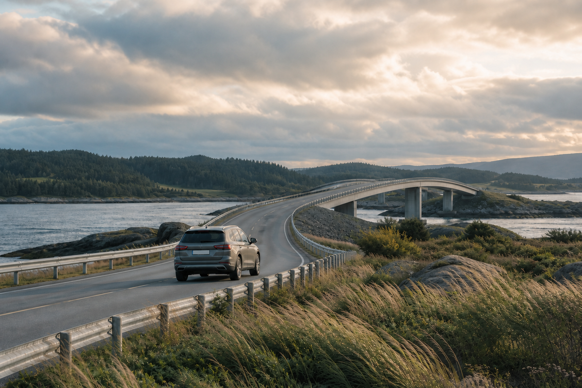 Grijze auto rijdt over een open Scandinavische kustweg met brug en wuivend gras