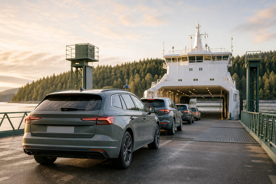 Grijze auto's wachten in rustig ochtendlicht om een Scandinavische ferry op te rijden