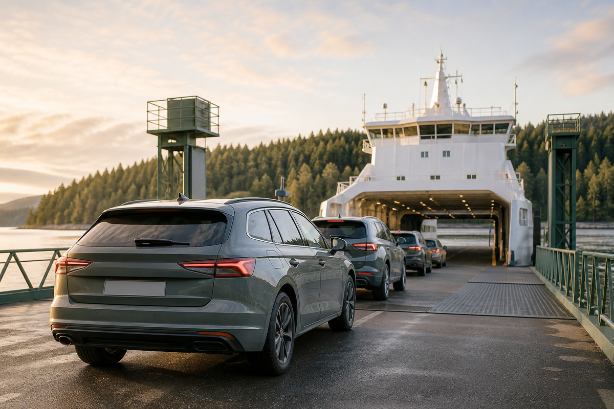 Grijze auto's wachten in rustig ochtendlicht om een Scandinavische ferry op te rijden