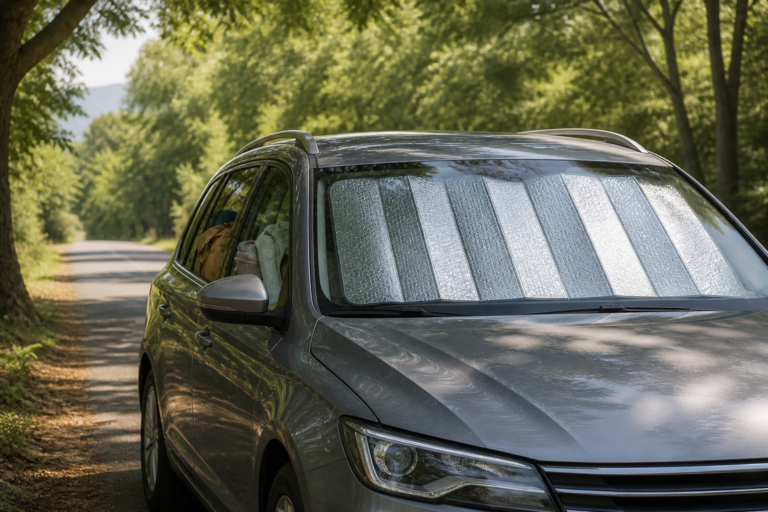 Grijze auto in de schaduw met een zonnescherm achter de voorruit