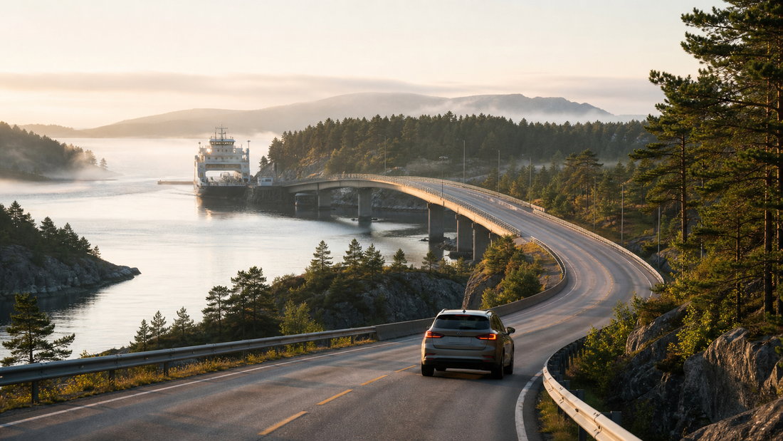 Auto op een rustige kustweg richting Scandinavië met veerboot en dennenbossen