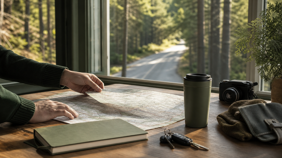 Routekaart, notitieboek en autosleutels op een tafel bij een rustige bosweg