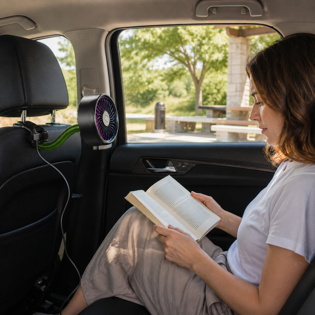 USB-autoventilator met haak voor de achterbank