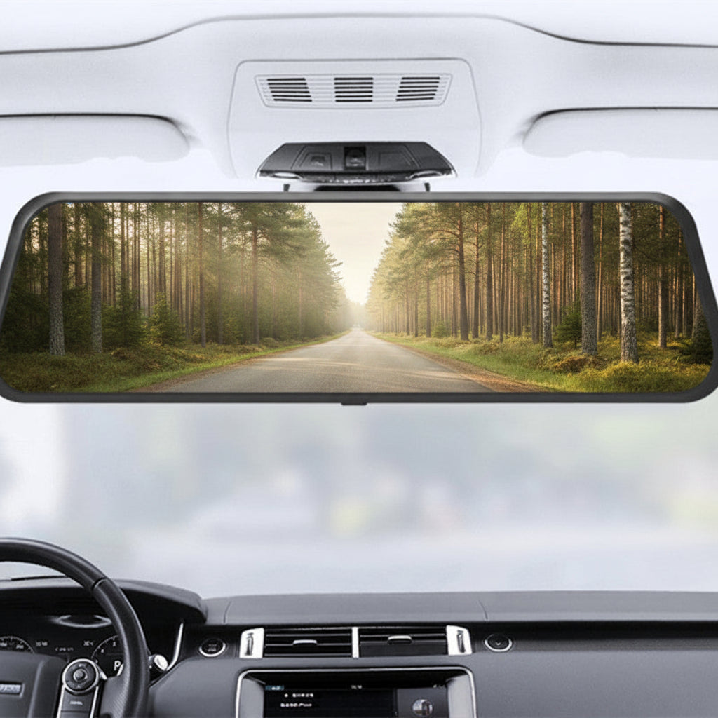 Zwarte spiegel-dashcam met breed scherm en uitzicht op een rustige bosweg